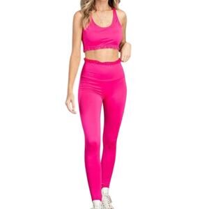 143 Story Lizzy Two Piece Hot Pink Ruffle High Waist Legging Crop Tank Set